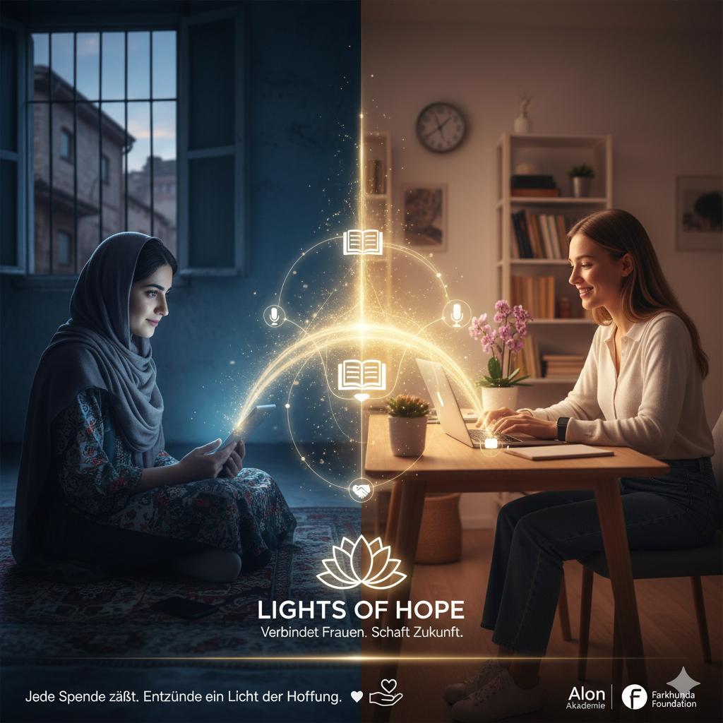 Zwei Frauen, verbunden durch digitales Lernen und einen leuchtenden Bogen als Symbol für Bildung und Hoffnung
